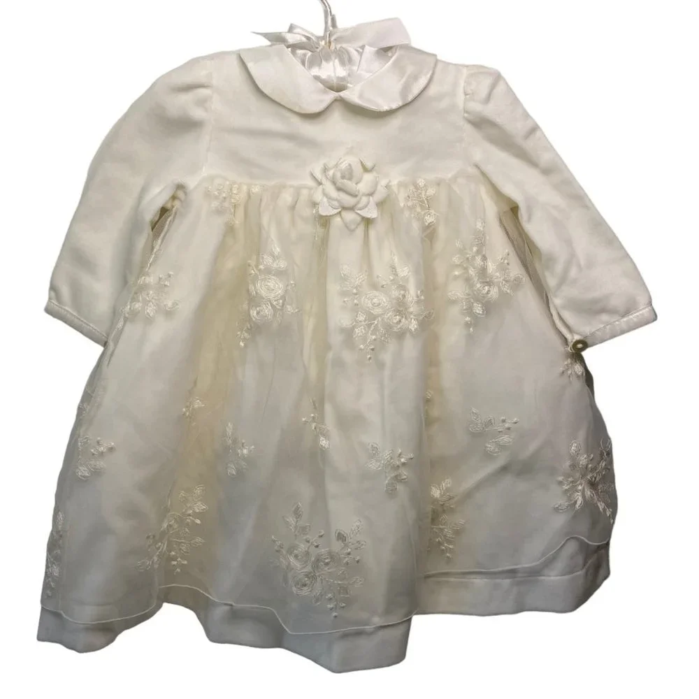 Ciccino white velvet embroidered lace dress roses Easter christening‎ baby 9 m